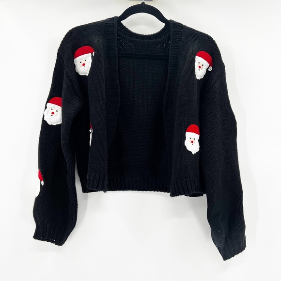 Chicwish Black Cropped Cardigan Sweater Santa Claus Faces Holiday Theme Size M - Picture 2 of 4
